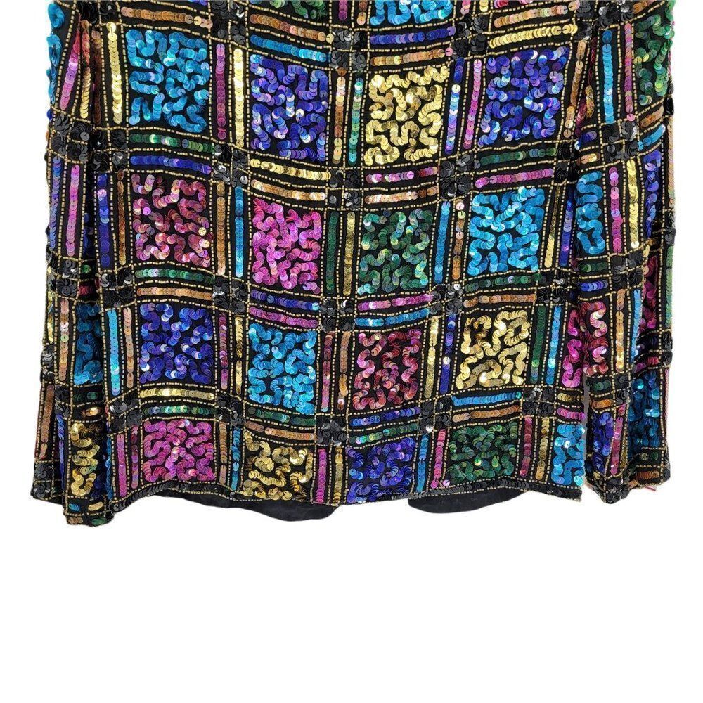 Vtg 80's Leslie Fay Formal Silk Rainbow Geometric Stained Glass Sequin Blazer Sz - Picture 8 of 10